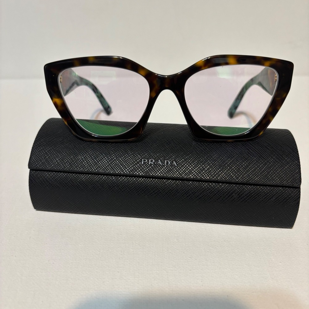 Prada Eyeglasses Women 54mm Tortoise Green VPR 09Y Excellent Cat Eye Frames